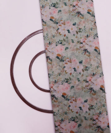 pista green pink and brown floral chanderi digital print fabric